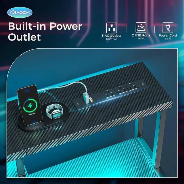 Alt view image 4 of 7 - AODK Computer Desk, 56 Inch Gaming Desk with Led Lights & Power Outlet, Office Desk with Printer Storage Shelves, Reversible Desk with Monitor Shelf & Headphone Hook, Carbon Fiber Black