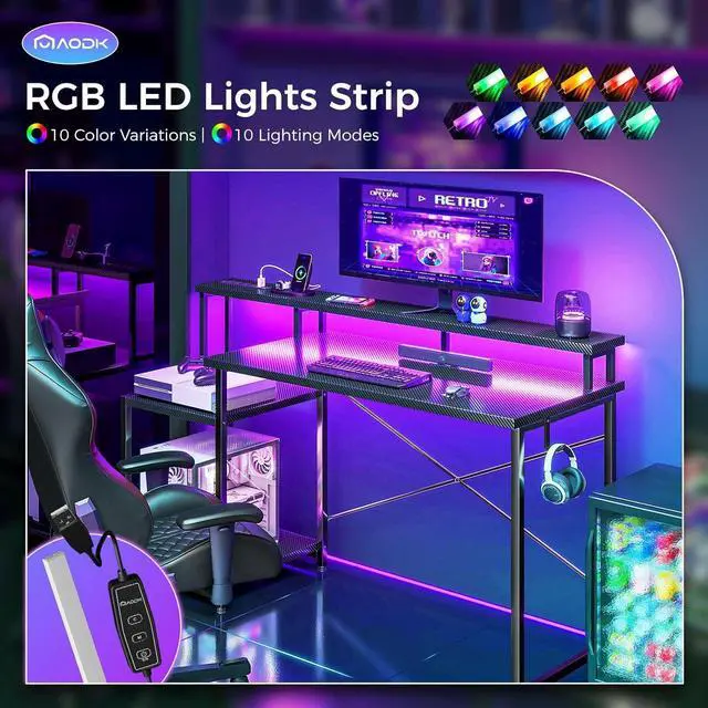 Alt view image 5 of 7 - AODK Computer Desk, 56 Inch Gaming Desk with Led Lights & Power Outlet, Office Desk with Printer Storage Shelves, Reversible Desk with Monitor Shelf & Headphone Hook, Carbon Fiber Black