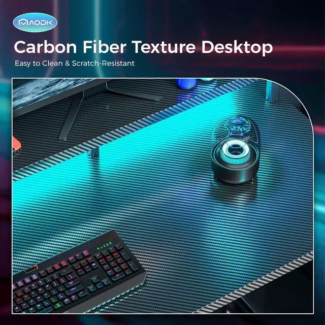 Alt view image 6 of 7 - AODK Computer Desk, 56 Inch Gaming Desk with Led Lights & Power Outlet, Office Desk with Printer Storage Shelves, Reversible Desk with Monitor Shelf & Headphone Hook, Carbon Fiber Black