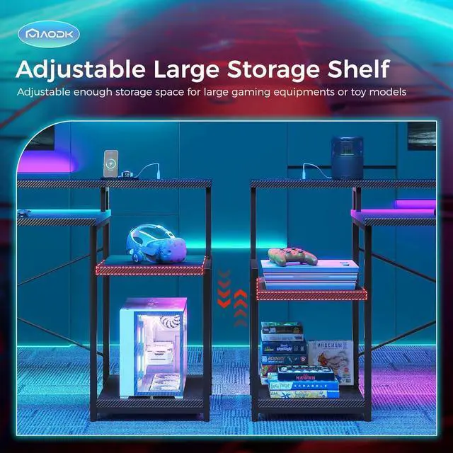 Alt view image 7 of 7 - AODK Computer Desk, 56 Inch Gaming Desk with Led Lights & Power Outlet, Office Desk with Printer Storage Shelves, Reversible Desk with Monitor Shelf & Headphone Hook, Carbon Fiber Black