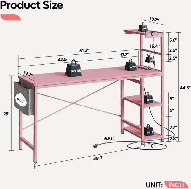 Alt view image 2 of 7 - Bestier Gaming Desk with Power Outlets, 61 Inch Large Led Gamer Desk with 4 Tiers Reversible Shelves, PC Gaming Table with Headset Hook & Side Storage Bag for Bedroom (Pink 3D Carbon Fiber)
