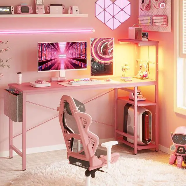 Alt view image 3 of 7 - Bestier Gaming Desk with Power Outlets, 61 Inch Large Led Gamer Desk with 4 Tiers Reversible Shelves, PC Gaming Table with Headset Hook & Side Storage Bag for Bedroom (Pink 3D Carbon Fiber)