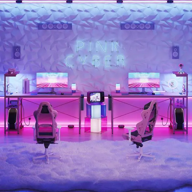 Alt view image 4 of 7 - Bestier Gaming Desk with Power Outlets, 61 Inch Large Led Gamer Desk with 4 Tiers Reversible Shelves, PC Gaming Table with Headset Hook & Side Storage Bag for Bedroom (Pink 3D Carbon Fiber)