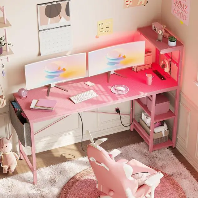 Alt view image 5 of 7 - Bestier Gaming Desk with Power Outlets, 61 Inch Large Led Gamer Desk with 4 Tiers Reversible Shelves, PC Gaming Table with Headset Hook & Side Storage Bag for Bedroom (Pink 3D Carbon Fiber)