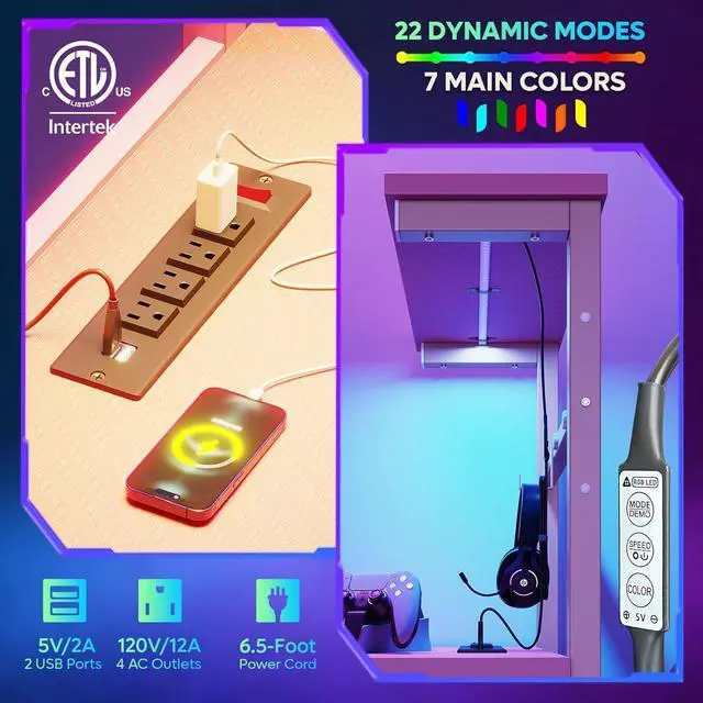 Alt view image 6 of 7 - Bestier Gaming Desk with Power Outlets, 61 Inch Large Led Gamer Desk with 4 Tiers Reversible Shelves, PC Gaming Table with Headset Hook & Side Storage Bag for Bedroom (Pink 3D Carbon Fiber)