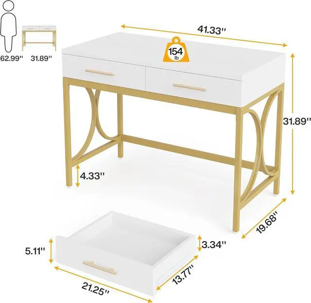 Alt view image 2 of 7 - Tribesigns Modern Computer Desk with 2 Drawers, 41 Inches Study Writing Office Desk for Home Office, Bedroom, Makeup Vanity Table Desk with Gold Metal Frame, White & Gold