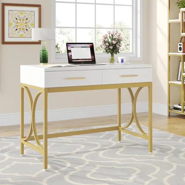 Alt view image 3 of 7 - Tribesigns Modern Computer Desk with 2 Drawers, 41 Inches Study Writing Office Desk for Home Office, Bedroom, Makeup Vanity Table Desk with Gold Metal Frame, White & Gold