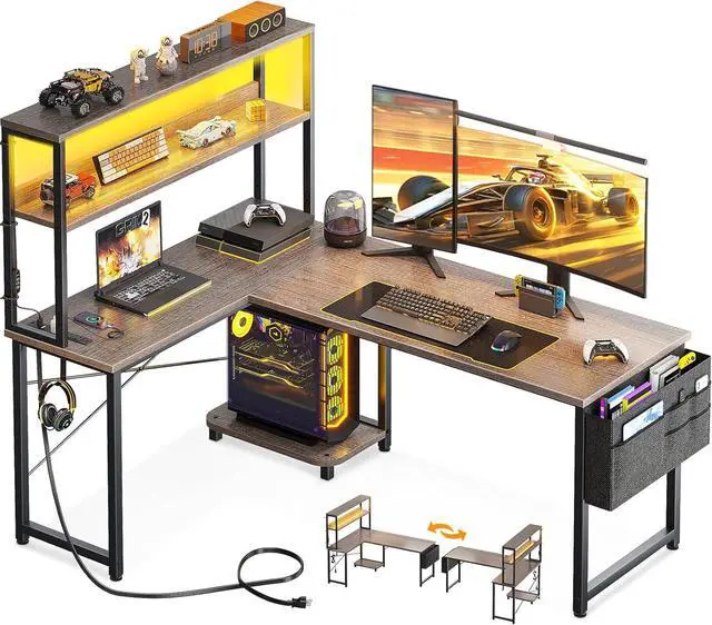 Main image of AODK L Shaped Desk Gaming Desk with LED Light & Power Outlet, 53 Inch Reversible L Shaped Computer Table with Shelf & Storage Bag & Hook for Home Office, Grey Oak