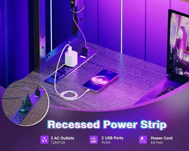 Alt view image 5 of 7 - AODK L Shaped Desk Gaming Desk with LED Light & Power Outlet, 53 Inch Reversible L Shaped Computer Desk with Shelf, Corner Desk with Storage Bag&Hook for Home Office Desk, Grey Oak