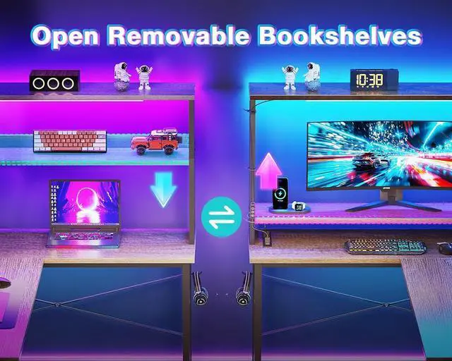 Alt view image 6 of 7 - AODK L Shaped Desk Gaming Desk with LED Light & Power Outlet, 53 Inch Reversible L Shaped Computer Table with Shelf & Storage Bag & Hook for Home Office, Grey Oak