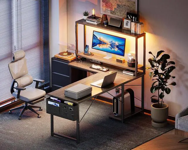 Alt view image 7 of 7 - AODK L Shaped Desk Gaming Desk with LED Light & Power Outlet, 53 Inch Reversible L Shaped Computer Table with Shelf & Storage Bag & Hook for Home Office, Grey Oak