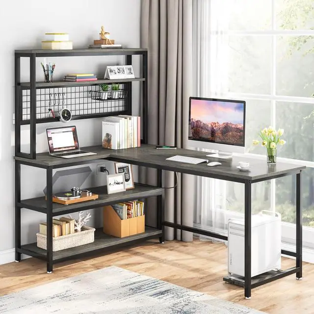 Main image of Tribesigns 55" Large Computer Desk with Wireless Charging 5 Storage Shelves, Office Desk Study Table Writing Desk Workstation with Hutch Bookshelf for Home Office(Gray)