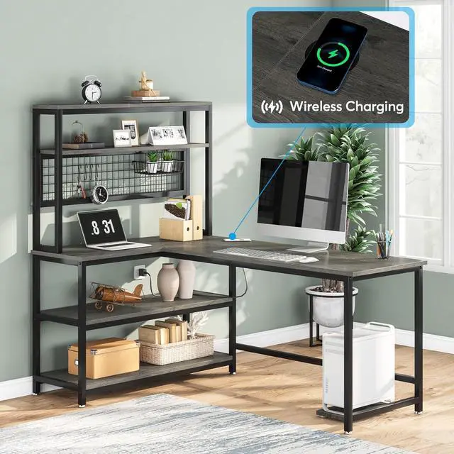 Alt view image 4 of 7 - Tribesigns 55" Large Computer Desk with Wireless Charging 5 Storage Shelves, Office Desk Study Table Writing Desk Workstation with Hutch Bookshelf for Home Office(Gray)