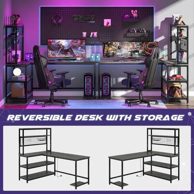 Alt view image 5 of 7 - Tribesigns 55" Large Computer Desk with Wireless Charging 5 Storage Shelves, Office Desk Study Table Writing Desk Workstation with Hutch Bookshelf for Home Office(Gray)