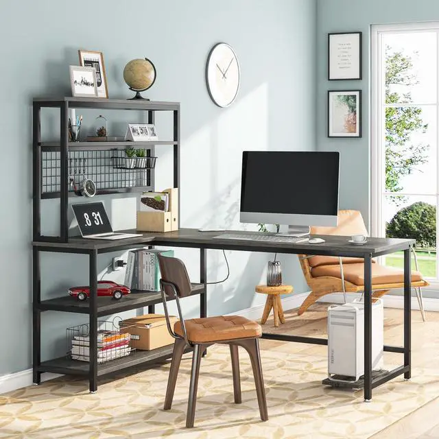 Alt view image 7 of 7 - Tribesigns 55" Large Computer Desk with Wireless Charging 5 Storage Shelves, Office Desk Study Table Writing Desk Workstation with Hutch Bookshelf for Home Office(Gray)