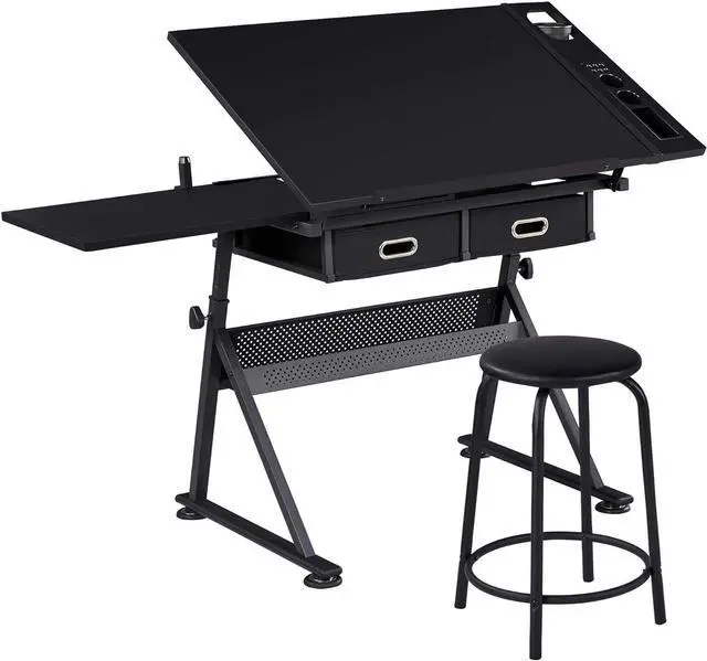 Main image of Yaheetech Drafting Table for Artists, Height Adjustable Drawing Desk Art/Craft Desk Diamond Paintings Work Station w/ 2 Storage Drawers and Stool for Home Office School, Black