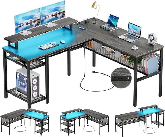 Main image of Unikito L Shaped Computer Desk with Magic Power Outlets and Smart LED Light, Reversible 55 Inch Corner Office Desk with Monitor Stand, Unique Grid Design, Gaming Table with Storage, Black Oak