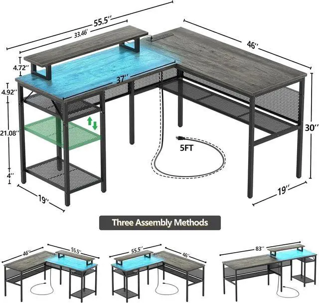 Alt view image 2 of 7 - Unikito L Shaped Computer Desk with Magic Power Outlets and Smart LED Light, Reversible 55 Inch Corner Office Desk with Monitor Stand, Unique Grid Design, Gaming Table with Storage, Black Oak