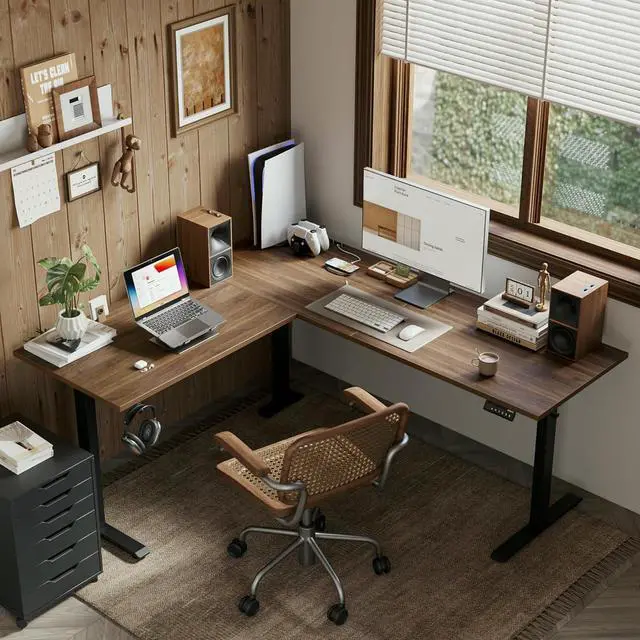 Alt view image 2 of 7 - L Shaped Standing Desk Adjustable Height, Electric Corner Standing Desk, 63 x 55 inch Sit Stand Computer Table with Splice Board, Dark Wlalnut