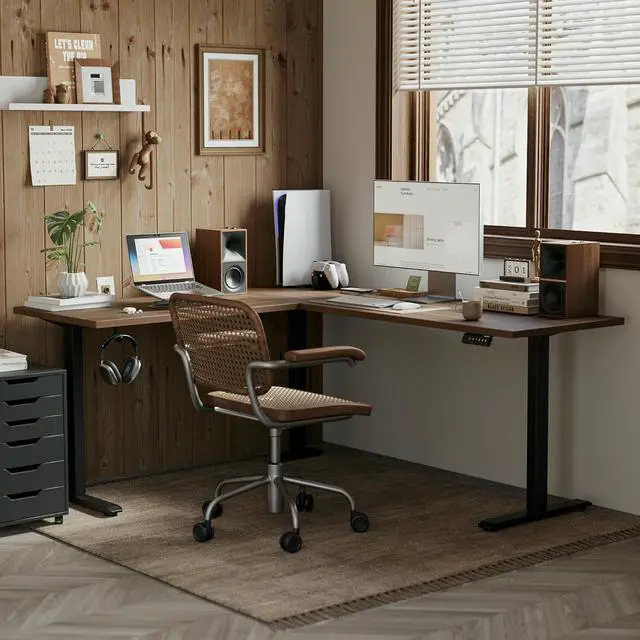 Alt view image 4 of 7 - L Shaped Standing Desk Adjustable Height, Electric Corner Standing Desk, 63 x 55 inch Sit Stand Computer Table with Splice Board, Dark Wlalnut