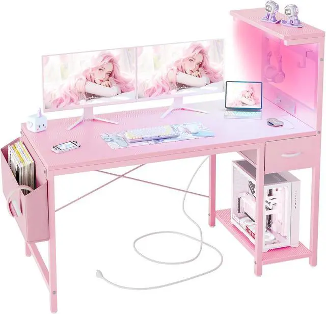 Main image of TIQLAB Gaming Desk 47 inch with Power Outlet and LED Light, Computer Desk with Reversible Shelves and Storage Drawer, Small PC Desk for Home Office Table with Bag, Carbon Fiber Pink