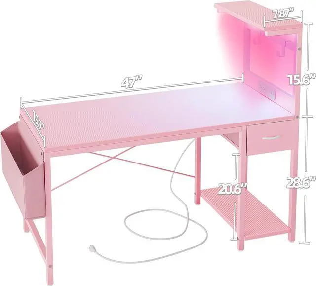 Alt view image 3 of 7 - TIQLAB Gaming Desk 47 inch with Power Outlet and LED Light, Computer Desk with Reversible Shelves and Storage Drawer, Small PC Desk for Home Office Table with Bag, Carbon Fiber Pink