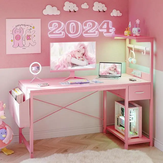 Alt view image 2 of 7 - TIQLAB Gaming Desk 47 inch with Power Outlet and LED Light, Computer Desk with Reversible Shelves and Storage Drawer, Small PC Desk for Home Office Table with Bag, Carbon Fiber Pink