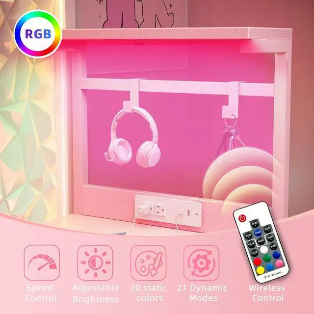 Alt view image 4 of 7 - TIQLAB Gaming Desk 47 inch with Power Outlet and LED Light, Computer Desk with Reversible Shelves and Storage Drawer, Small PC Desk for Home Office Table with Bag, Carbon Fiber Pink