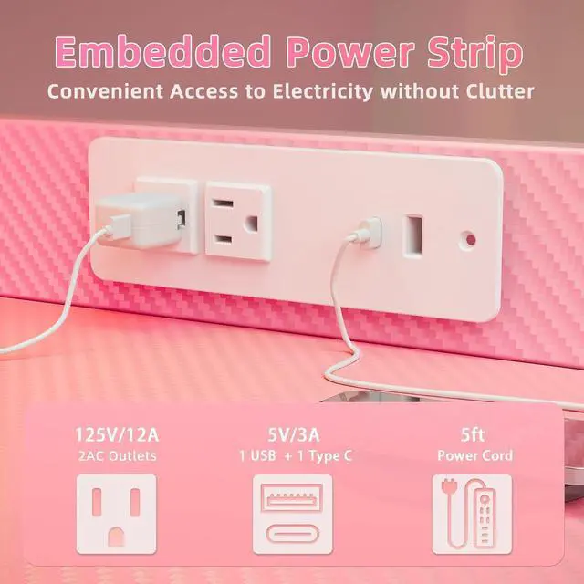 Alt view image 5 of 7 - TIQLAB Gaming Desk 47 inch with Power Outlet and LED Light, Computer Desk with Reversible Shelves and Storage Drawer, Small PC Desk for Home Office Table with Bag, Carbon Fiber Pink