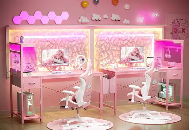 Alt view image 6 of 7 - TIQLAB Gaming Desk 47 inch with Power Outlet and LED Light, Computer Desk with Reversible Shelves and Storage Drawer, Small PC Desk for Home Office Table with Bag, Carbon Fiber Pink