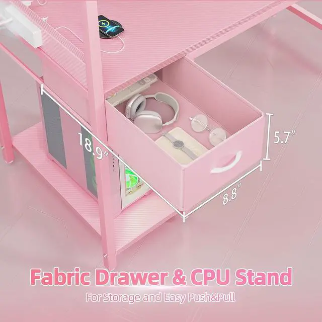 Alt view image 7 of 7 - TIQLAB Gaming Desk 47 inch with Power Outlet and LED Light, Computer Desk with Reversible Shelves and Storage Drawer, Small PC Desk for Home Office Table with Bag, Carbon Fiber Pink