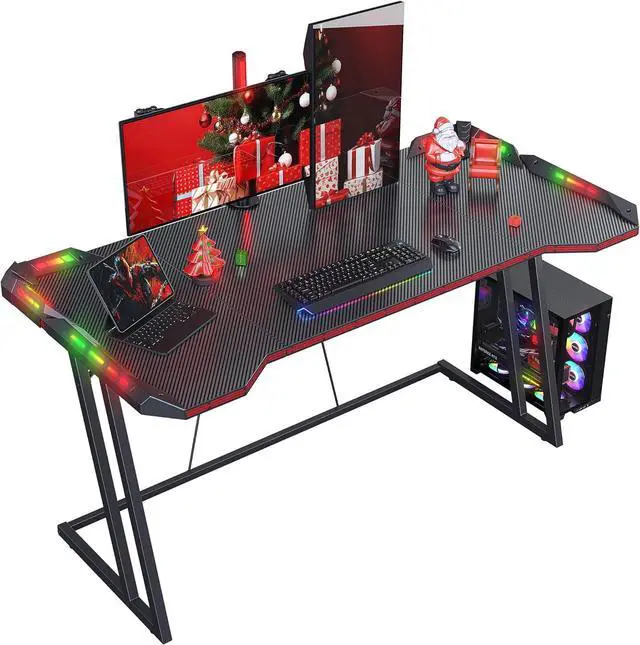Main image of CubiCubi Gaming Desk with LED Lights, 55 Inch Z Shaped Gamer Desk, Home Game Computer Desk with Carbon Fiber Surface, Ergonomic Office PC Workstation with Cable Management, Black