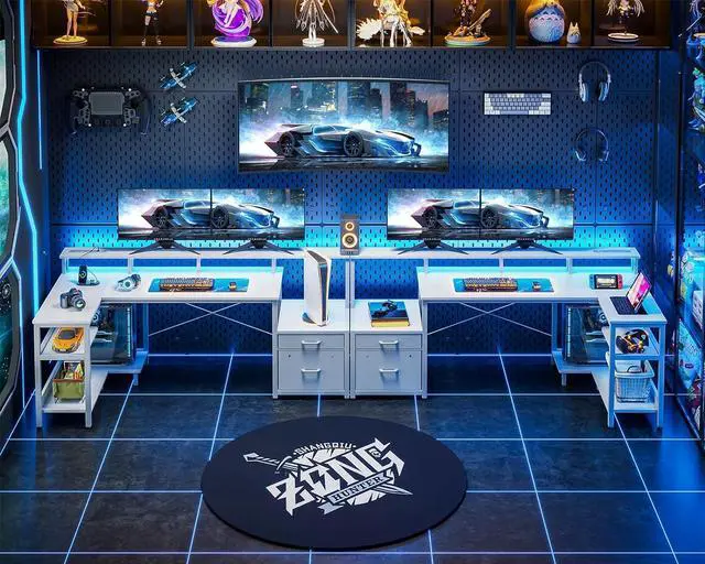 Alt view image 3 of 7 - AODK 71 Inch L Shaped Gaming Computer Desk with USB Charging Ports & Power Outlets, Home Office Writing Corner Desk with Drawers and Monitor Stand, Study Table with LED Lighting, White