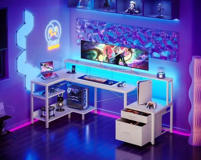 Alt view image 2 of 7 - AODK 71 Inch L Shaped Gaming Computer Desk with USB Charging Ports & Power Outlets, Home Office Writing Corner Desk with Drawers and Monitor Stand, Study Table with LED Lighting, White
