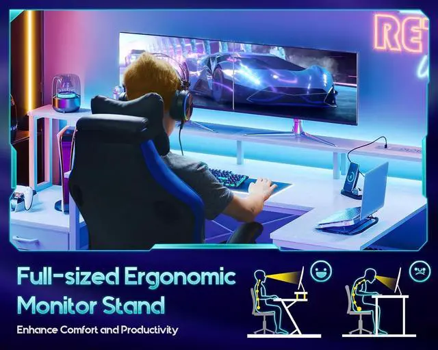 Alt view image 7 of 7 - AODK 71 Inch L Shaped Gaming Computer Desk with USB Charging Ports & Power Outlets, Home Office Writing Corner Desk with Drawers and Monitor Stand, Study Table with LED Lighting, White