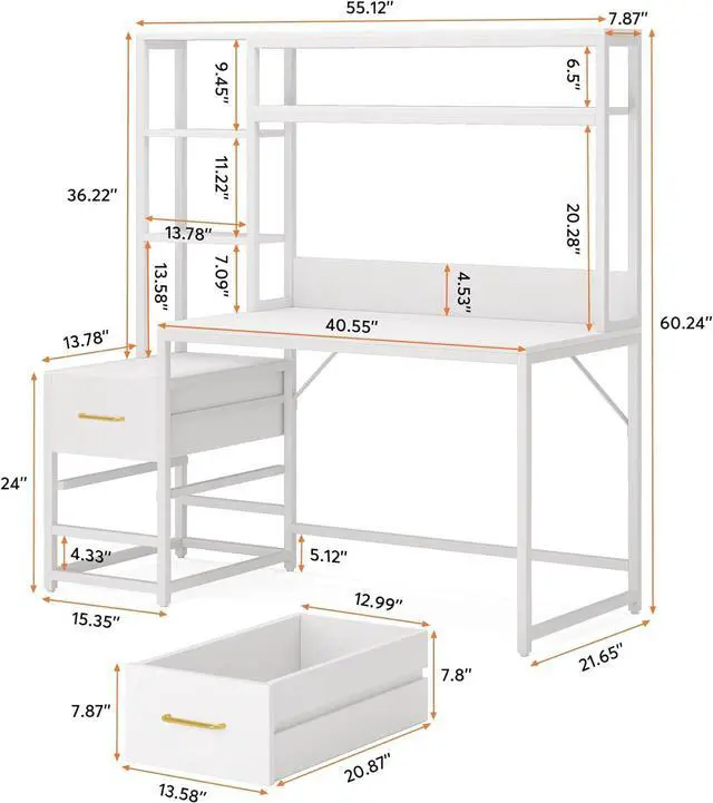 Alt view image 2 of 7 - Tribesigns 55 Inch Computer Desk with 2 Drawers and Storage Shelves, White Office Desk with Hutch, Modern Study Writing Gaming Table Laptop Workstation for Home Office (White)