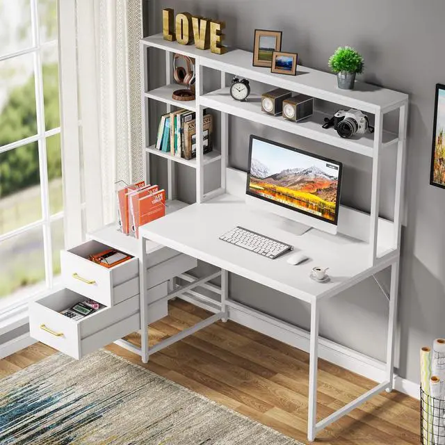 Alt view image 3 of 7 - Tribesigns 55 Inch Computer Desk with 2 Drawers and Storage Shelves, White Office Desk with Hutch, Modern Study Writing Gaming Table Laptop Workstation for Home Office (White)