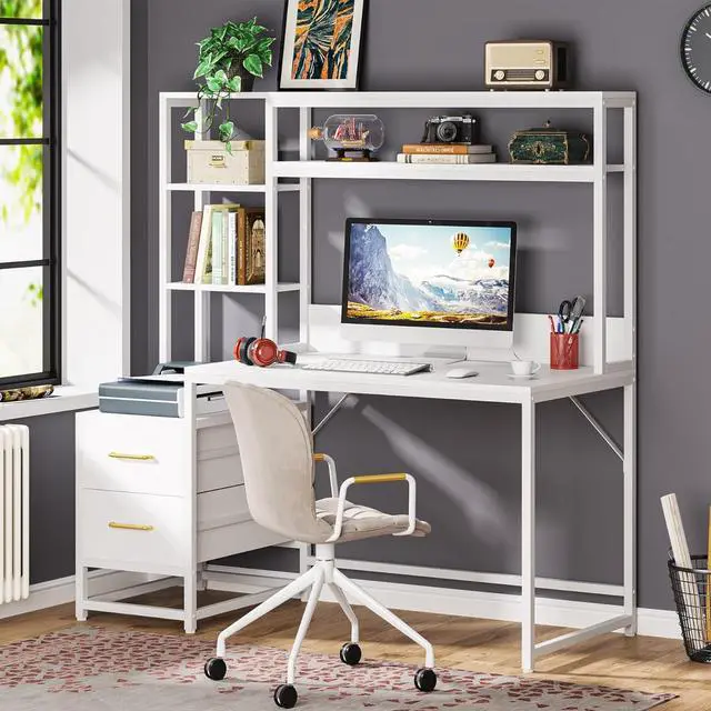 Alt view image 4 of 7 - Tribesigns 55 Inch Computer Desk with 2 Drawers and Storage Shelves, White Office Desk with Hutch, Modern Study Writing Gaming Table Laptop Workstation for Home Office (White)