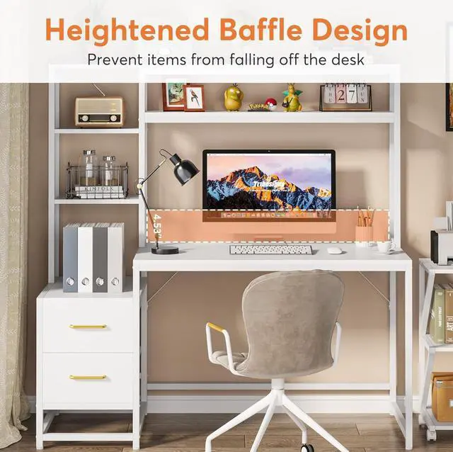 Alt view image 5 of 7 - Tribesigns 55 Inch Computer Desk with 2 Drawers and Storage Shelves, White Office Desk with Hutch, Modern Study Writing Gaming Table Laptop Workstation for Home Office (White)