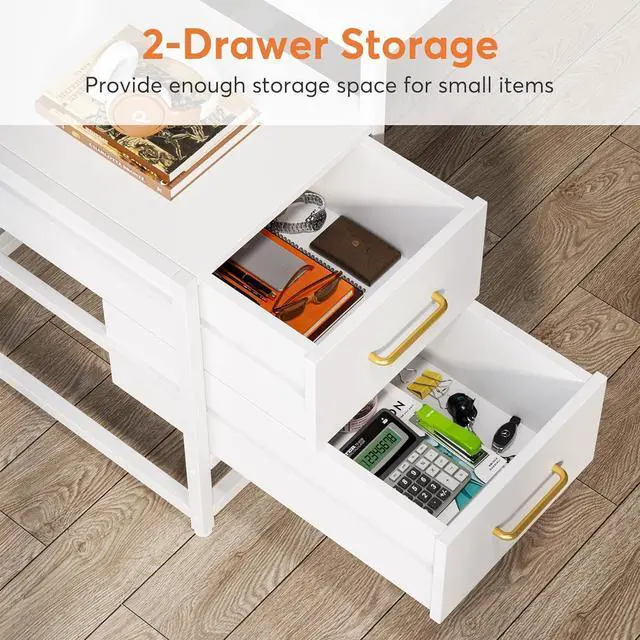 Alt view image 6 of 7 - Tribesigns 55 Inch Computer Desk with 2 Drawers and Storage Shelves, White Office Desk with Hutch, Modern Study Writing Gaming Table Laptop Workstation for Home Office (White)