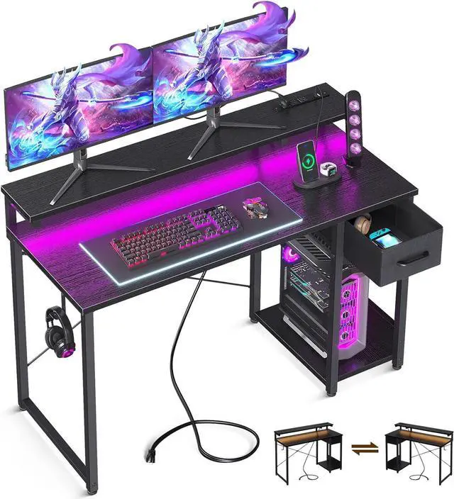 Main image of AODK Gaming Desk with LED Lights & Power Outlet, 48 Inch Computer Desk with Drawer, Reversible Desk with Adjustable Monitor Shelf & Headphone Hook for Home Office, Black