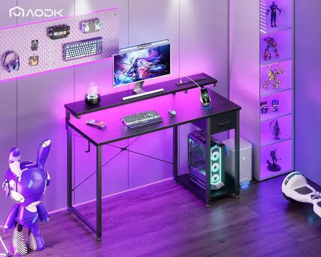 Alt view image 2 of 7 - AODK Gaming Desk with LED Lights & Power Outlet, 48 Inch Computer Desk with Drawer, Reversible Desk with Adjustable Monitor Shelf & Headphone Hook for Home Office, Black