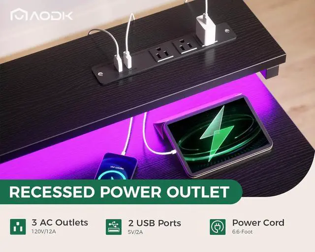 Alt view image 4 of 7 - AODK Gaming Desk with LED Lights & Power Outlet, 48 Inch Computer Desk with Drawer, Reversible Desk with Adjustable Monitor Shelf & Headphone Hook for Home Office, Black
