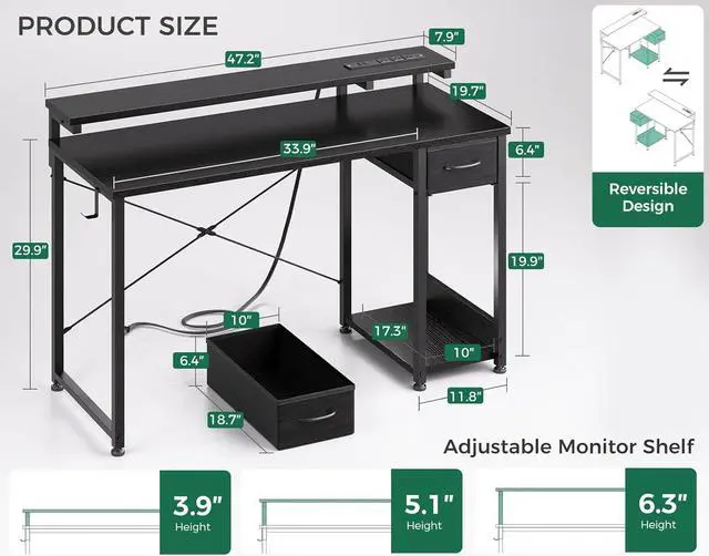 Alt view image 3 of 7 - AODK Gaming Desk with LED Lights & Power Outlet, 48 Inch Computer Desk with Drawer, Reversible Desk with Adjustable Monitor Shelf & Headphone Hook for Home Office, Black