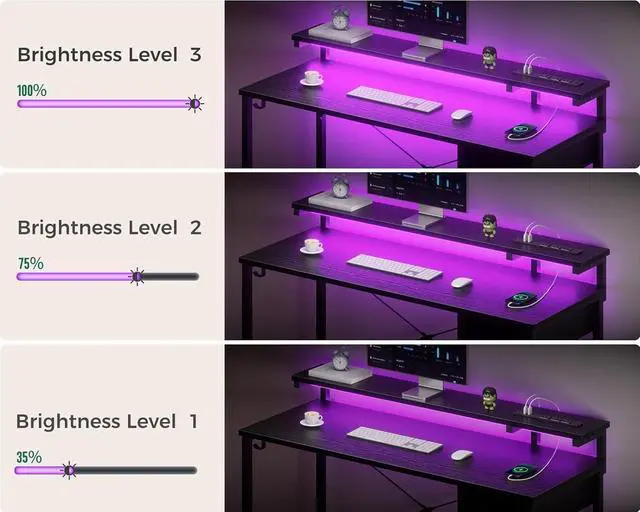 Alt view image 6 of 7 - AODK Gaming Desk with LED Lights & Power Outlet, 48 Inch Computer Desk with Drawer, Reversible Desk with Adjustable Monitor Shelf & Headphone Hook for Home Office, Black