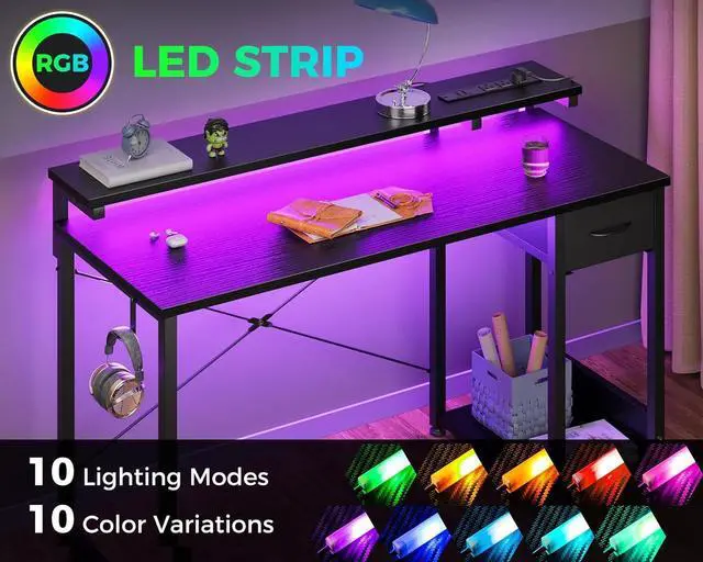 Alt view image 5 of 7 - AODK Gaming Desk with LED Lights & Power Outlet, 48 Inch Computer Desk with Drawer, Reversible Desk with Adjustable Monitor Shelf & Headphone Hook for Home Office, Black