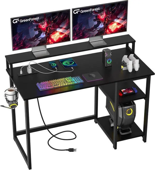 Main image of GreenForest 47 inch Gaming Desk with Power Outlets, Small Home Office Desk with Ergonomic Monitor Stand, Reversible Computer Desk, Modern Study Desk, Laptop Desk,Black
