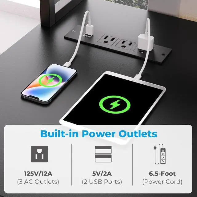 Alt view image 4 of 7 - GreenForest 47 inch Gaming Desk with Power Outlets, Small Home Office Desk with Ergonomic Monitor Stand, Reversible Computer Desk, Modern Study Desk, Laptop Desk,Black