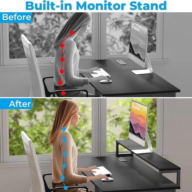 Alt view image 5 of 7 - GreenForest 47 inch Gaming Desk with Power Outlets, Small Home Office Desk with Ergonomic Monitor Stand, Reversible Computer Desk, Modern Study Desk, Laptop Desk,Black