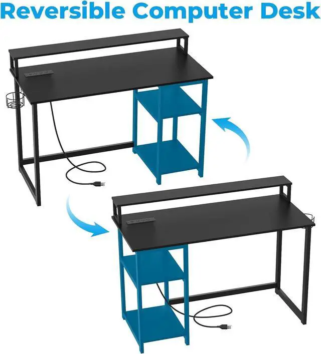 Alt view image 6 of 7 - GreenForest 47 inch Gaming Desk with Power Outlets, Small Home Office Desk with Ergonomic Monitor Stand, Reversible Computer Desk, Modern Study Desk, Laptop Desk,Black